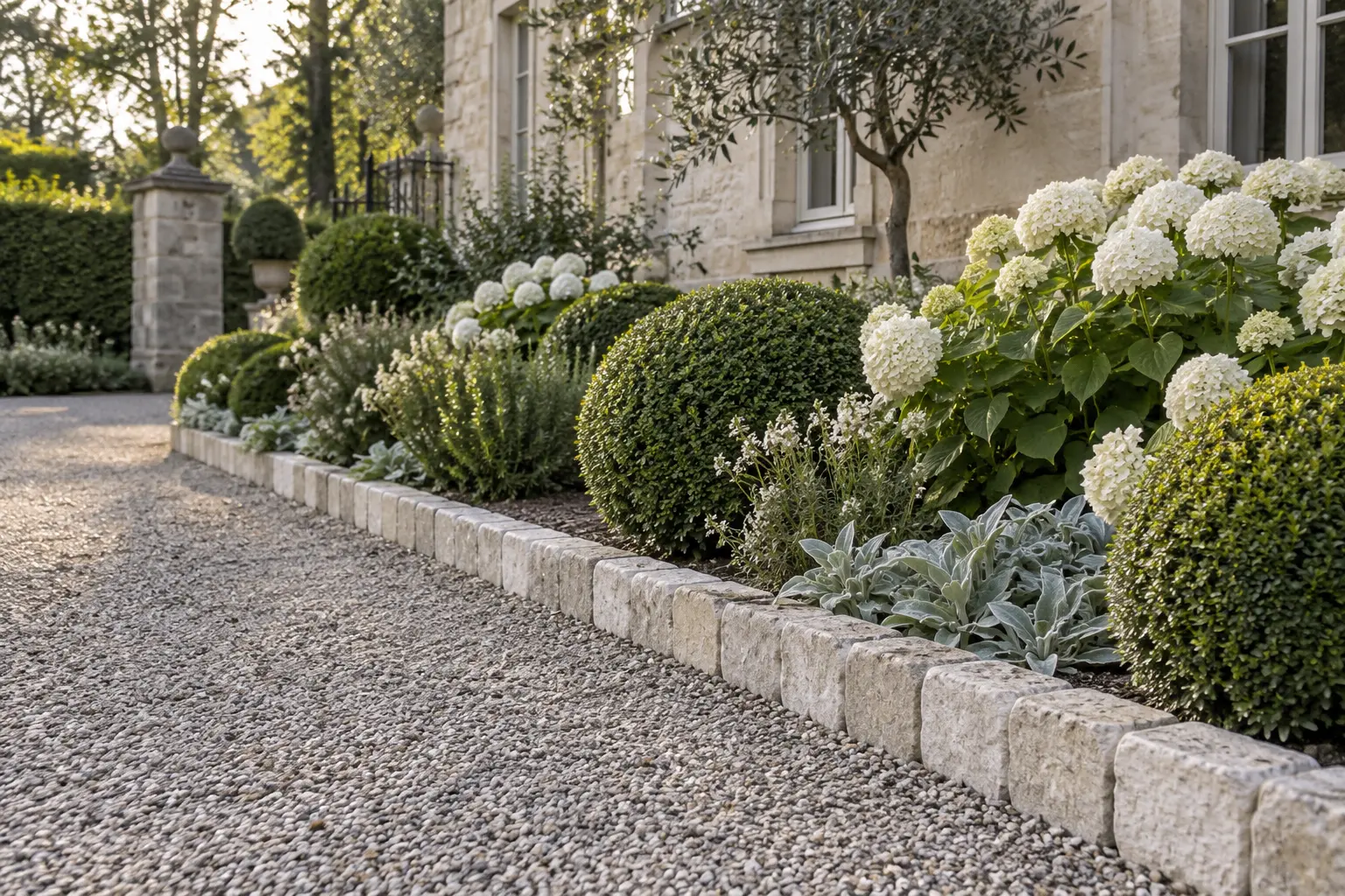Weathered pale limestone setts forming a garden edge beside gravel, white hydrangeas and clipped boxwood