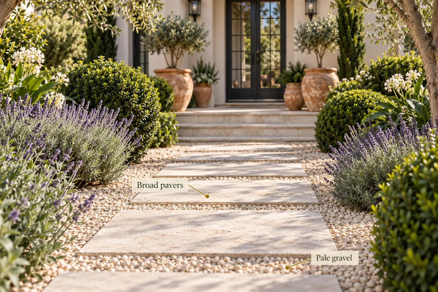 Broad limestone stepping stones set into pale gravel at a Mediterranean entrance