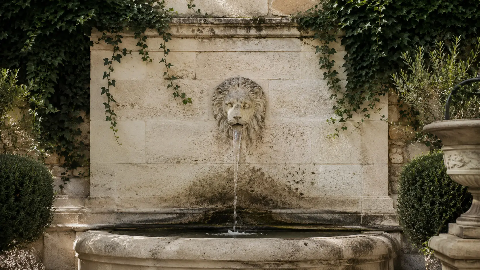 Lion-head water spout set into a weathered limestone wall