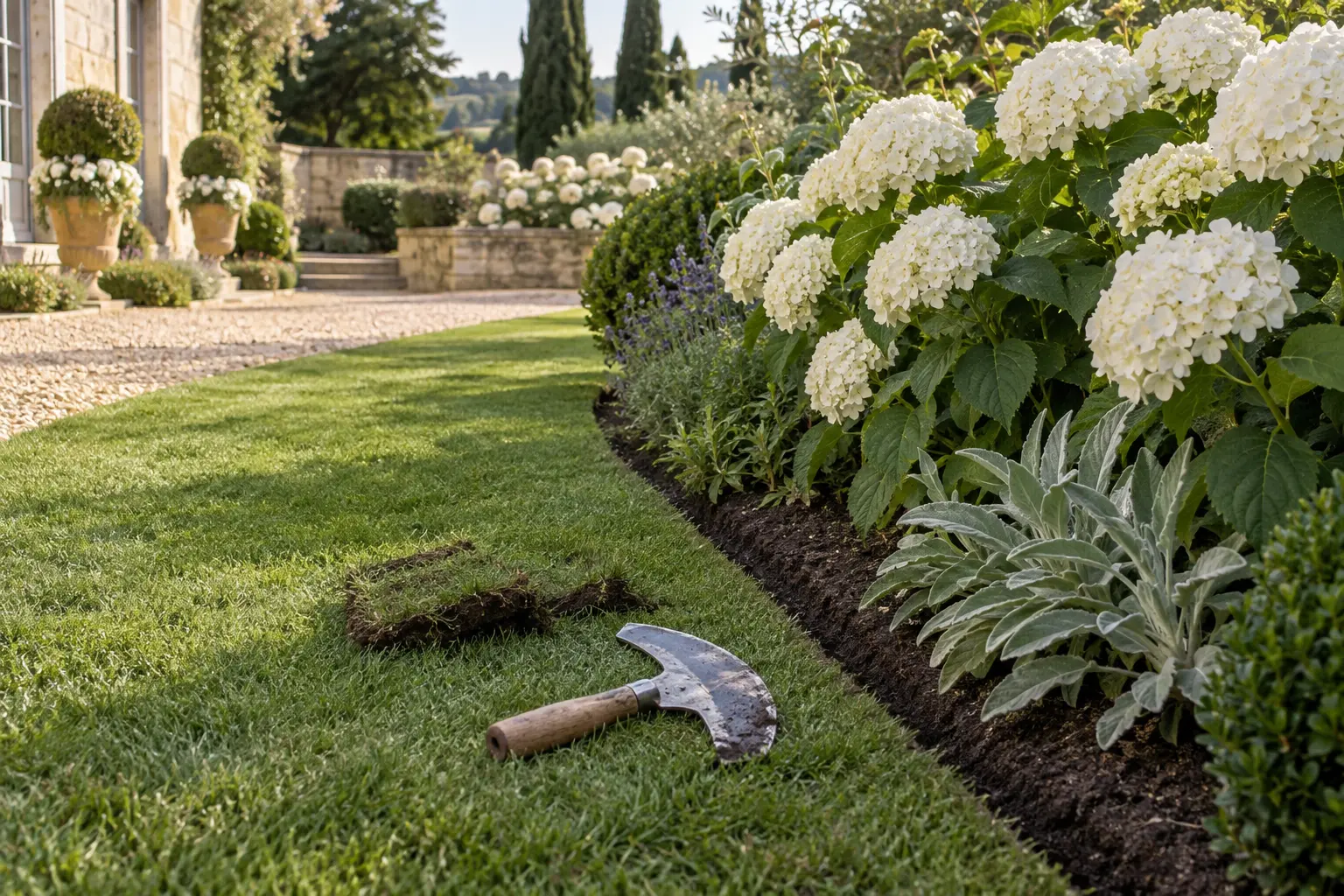 Half-moon edging tool beside a freshly renewed lawn edge and a white hydrangea border