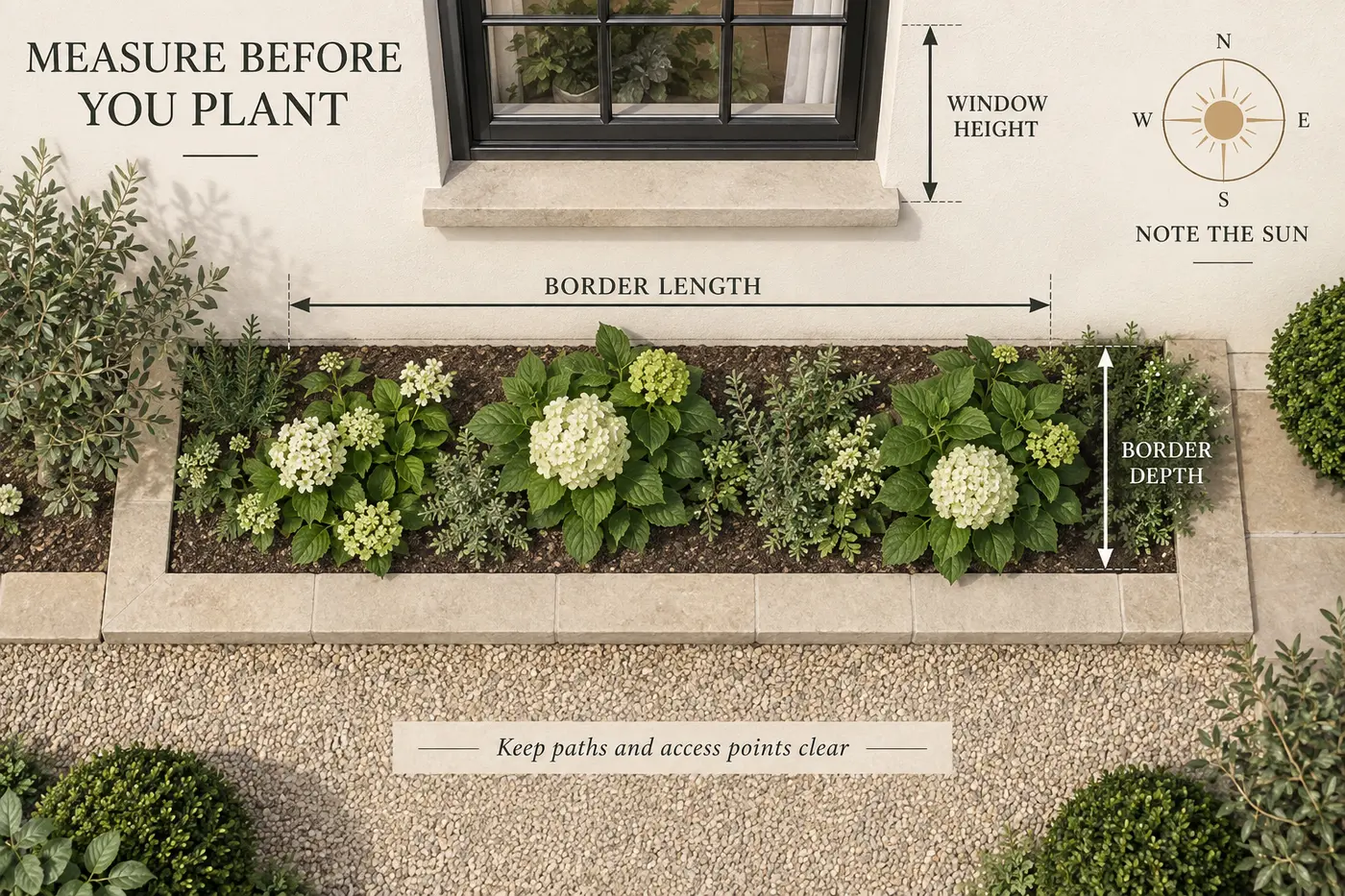 Top-down diagram showing how to measure border length, border depth, window height and sunlight before planting hydrangeas