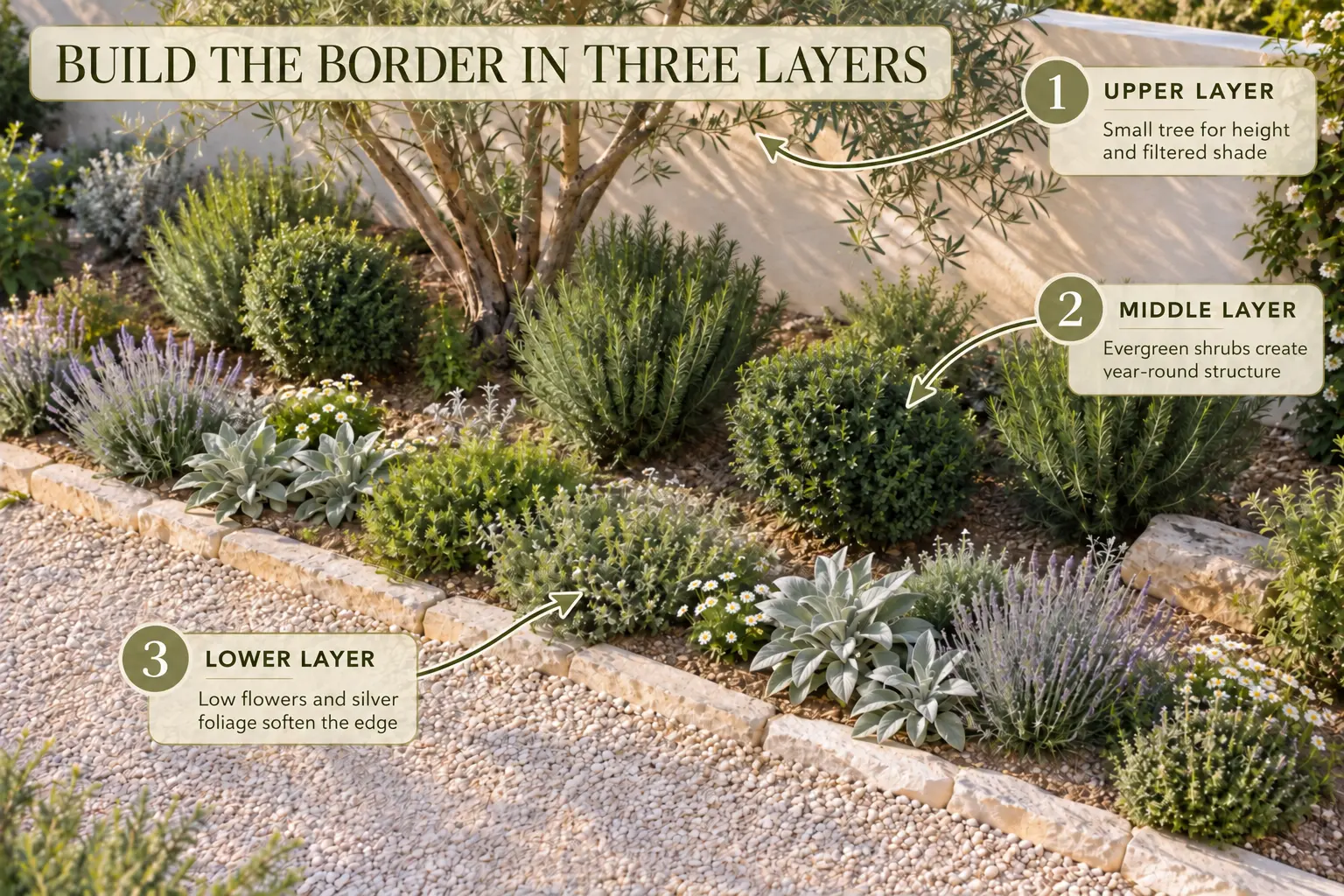 Annotated Mediterranean border explaining the upper, middle and lower planting layers