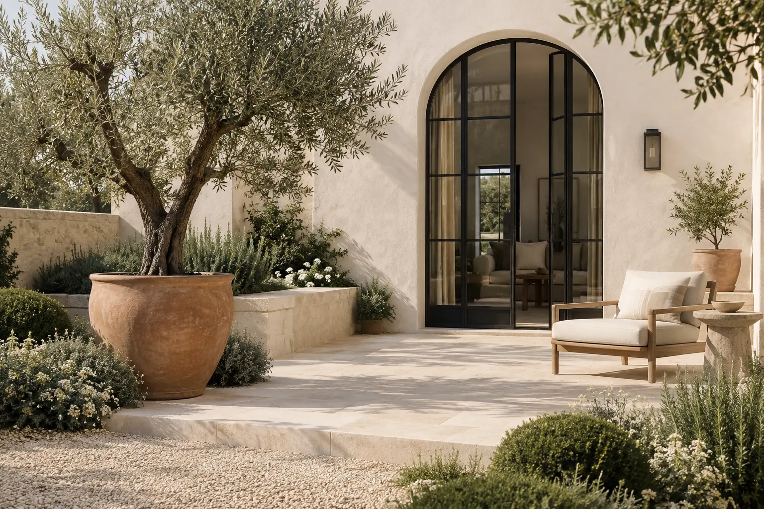 Modern Mediterranean cottage garden with a potted olive tree, black arched doorway, pale limestone terrace and restrained planting