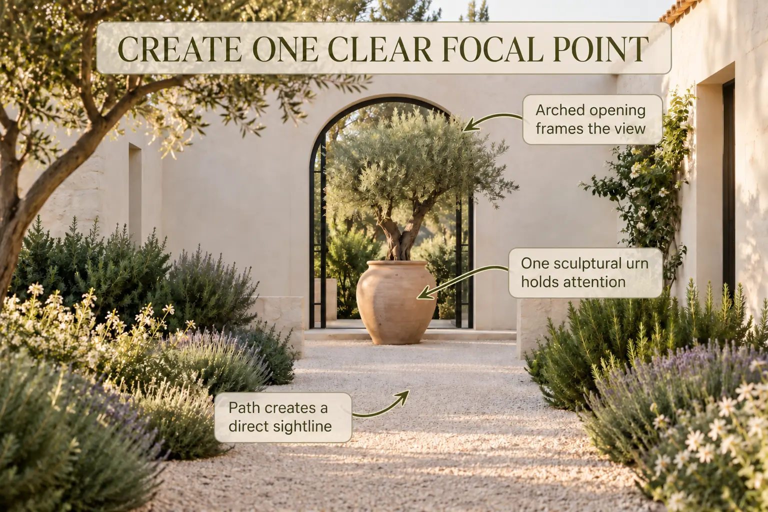 Annotated Mediterranean courtyard showing how a gravel path, arched opening and sculptural urn create one focal point