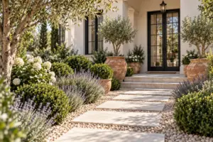 Mediterranean front entrance with lavender and terracotta pots