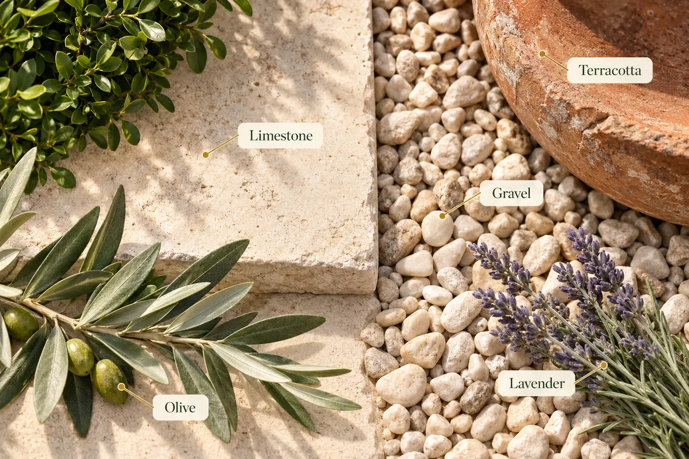 Mediterranean garden material palette showing limestone, pale gravel, olive foliage, lavender and terracotta