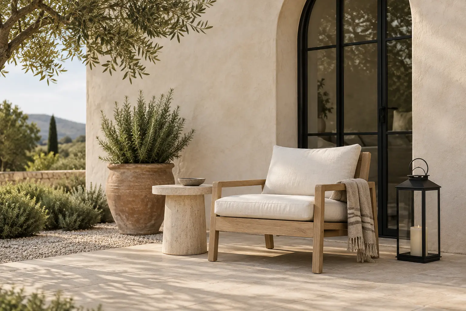 Restrained Mediterranean terrace with a pale oak chair, linen cushion, limestone table, rosemary pot and iron lantern