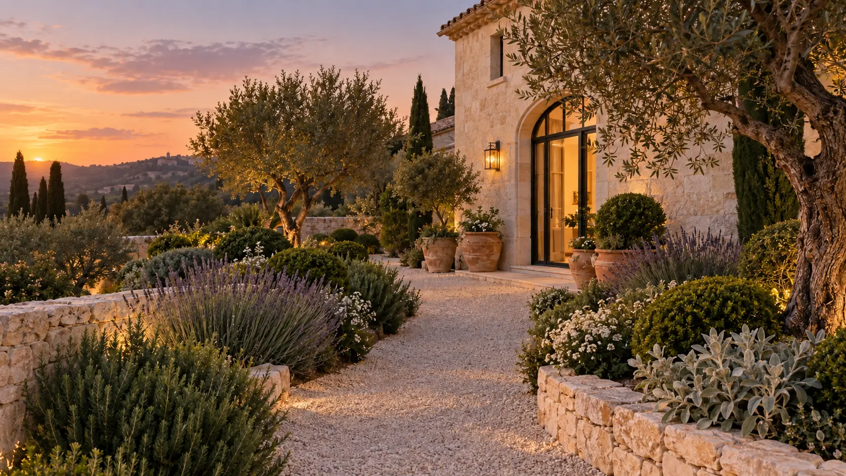 Mediterranean cottage garden at sunset with olive trees, limestone walls, gravel paths, lavender and softly glowing lanterns