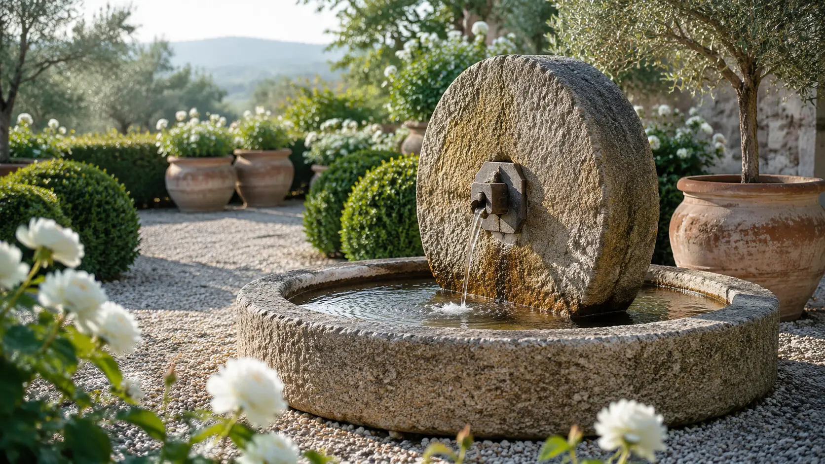 Rustic millstone fountain on a European gravel terrace