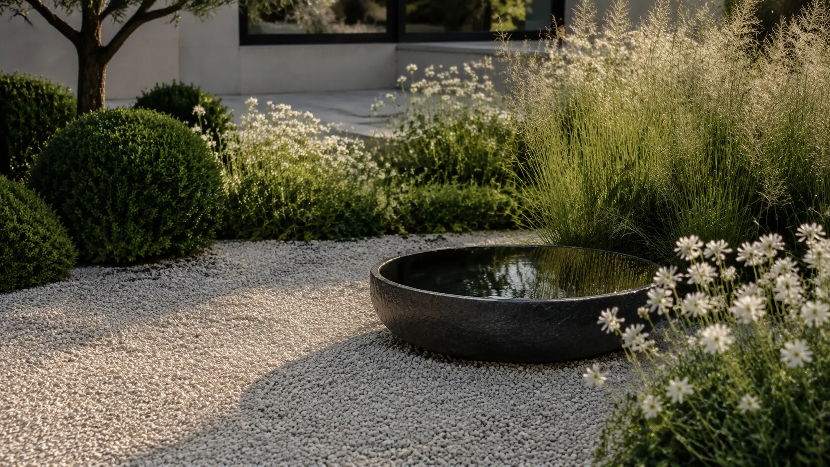 Minimal dark stone water bowl set on pale gravel