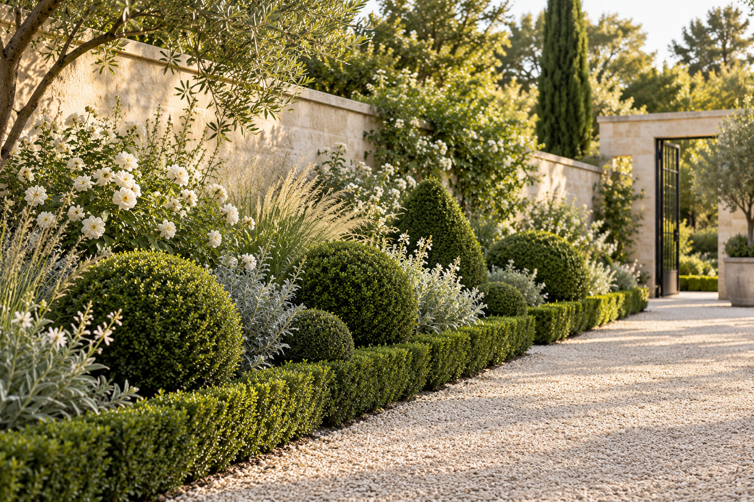 Warm modern European garden border with repeated clipped evergreens, white flowers, silver foliage, pale gravel and limestone walls