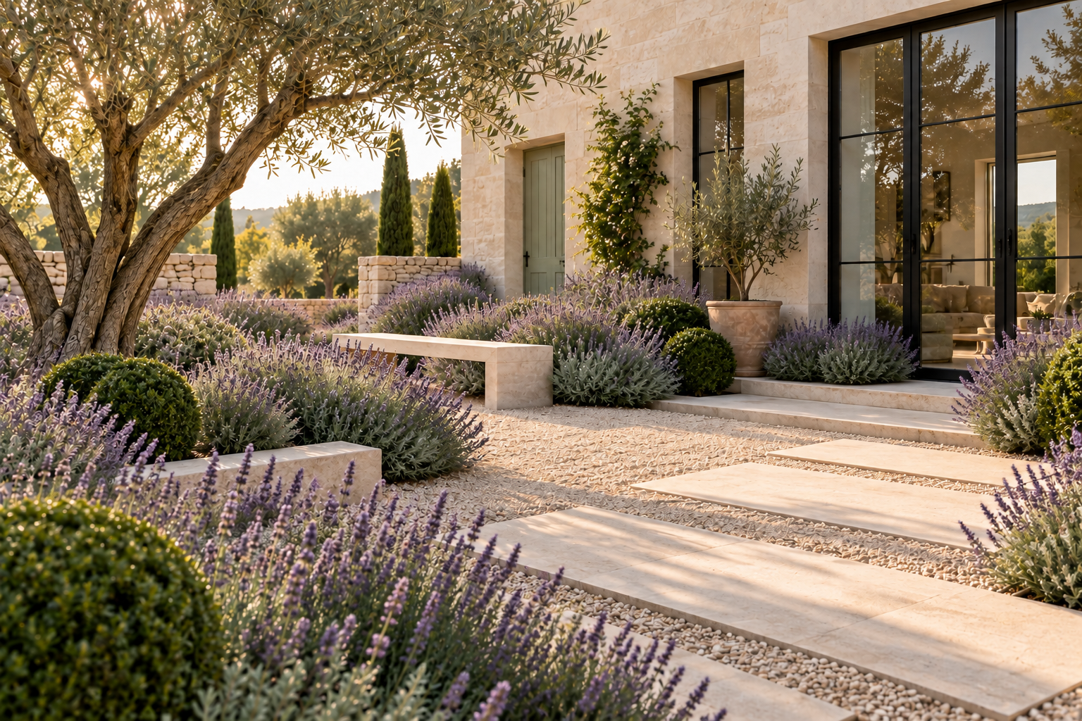 Modern European courtyard garden with abundant lavender, limestone paving, clipped evergreens and olive trees in warm golden light