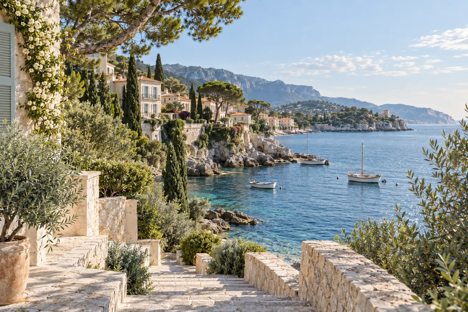 A luminous Mediterranean cove in the South of France, with pale limestone steps, coastal villas, cypress and olive trees, and small traditional boats on clear blue water.