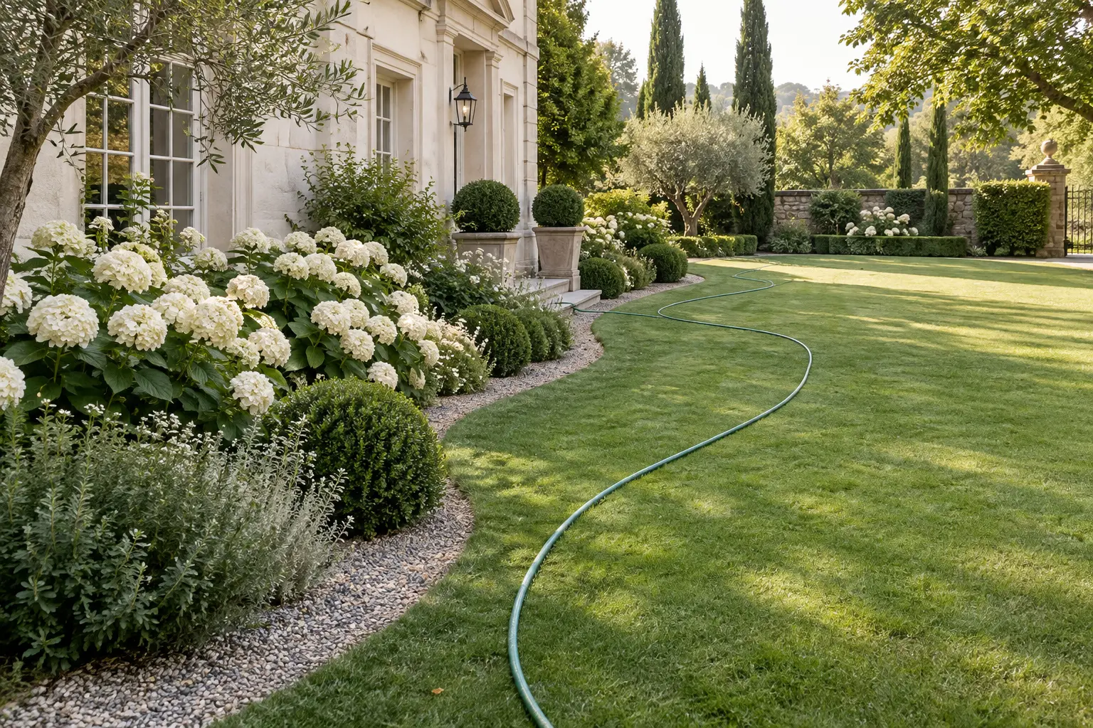 Long green garden hose marking a generous curved garden border on a lawn beside white hydrangeas and a cream European house