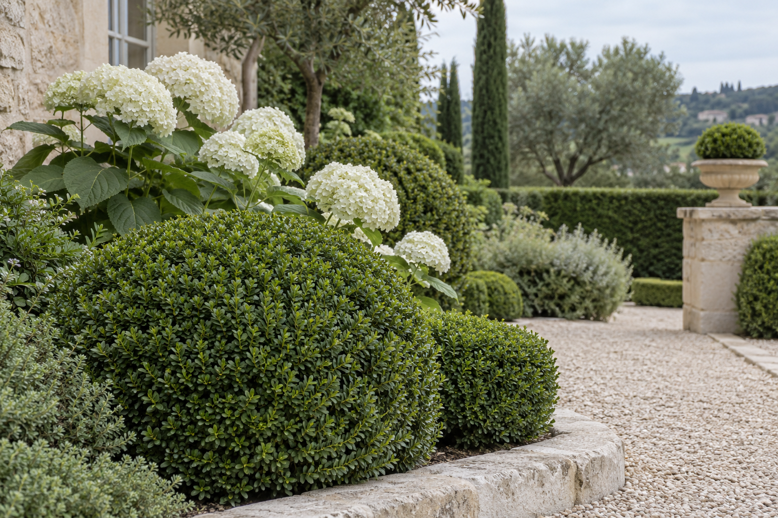 Clipped boxwood companions in a white hydrangea garden