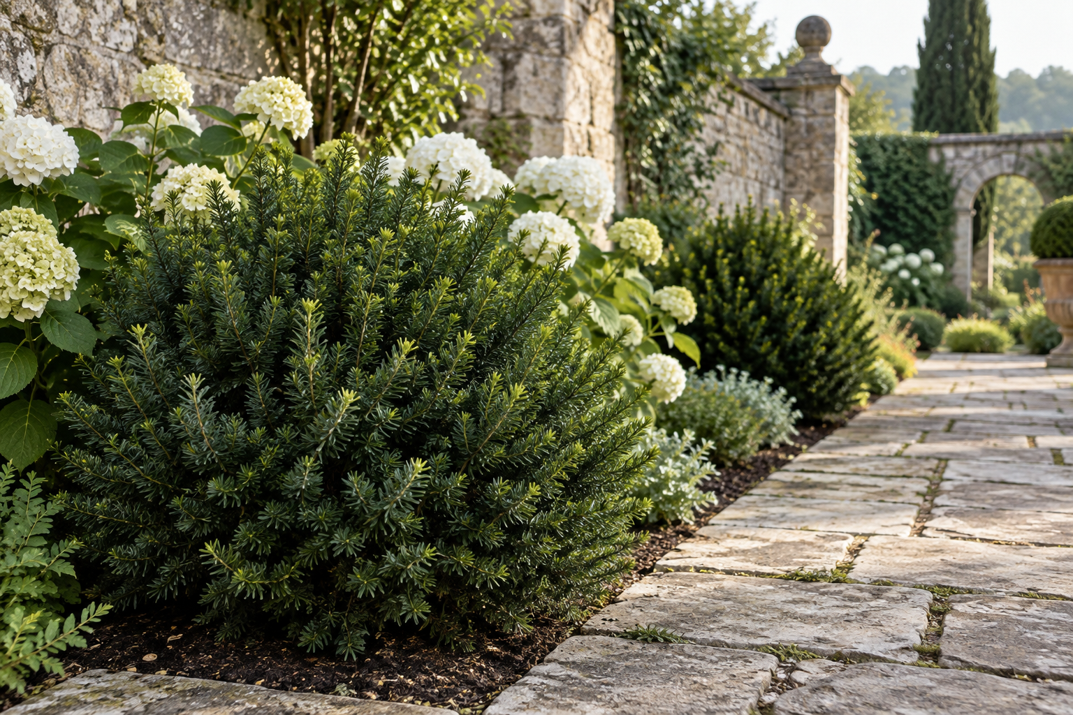 Deep green yew providing an evergreen backdrop for white hydrangeas