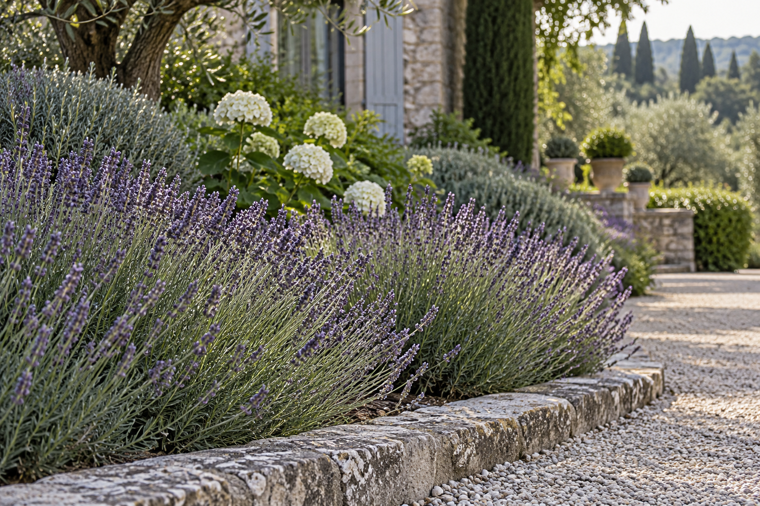 Lavender flowering in front of white hydrangeas