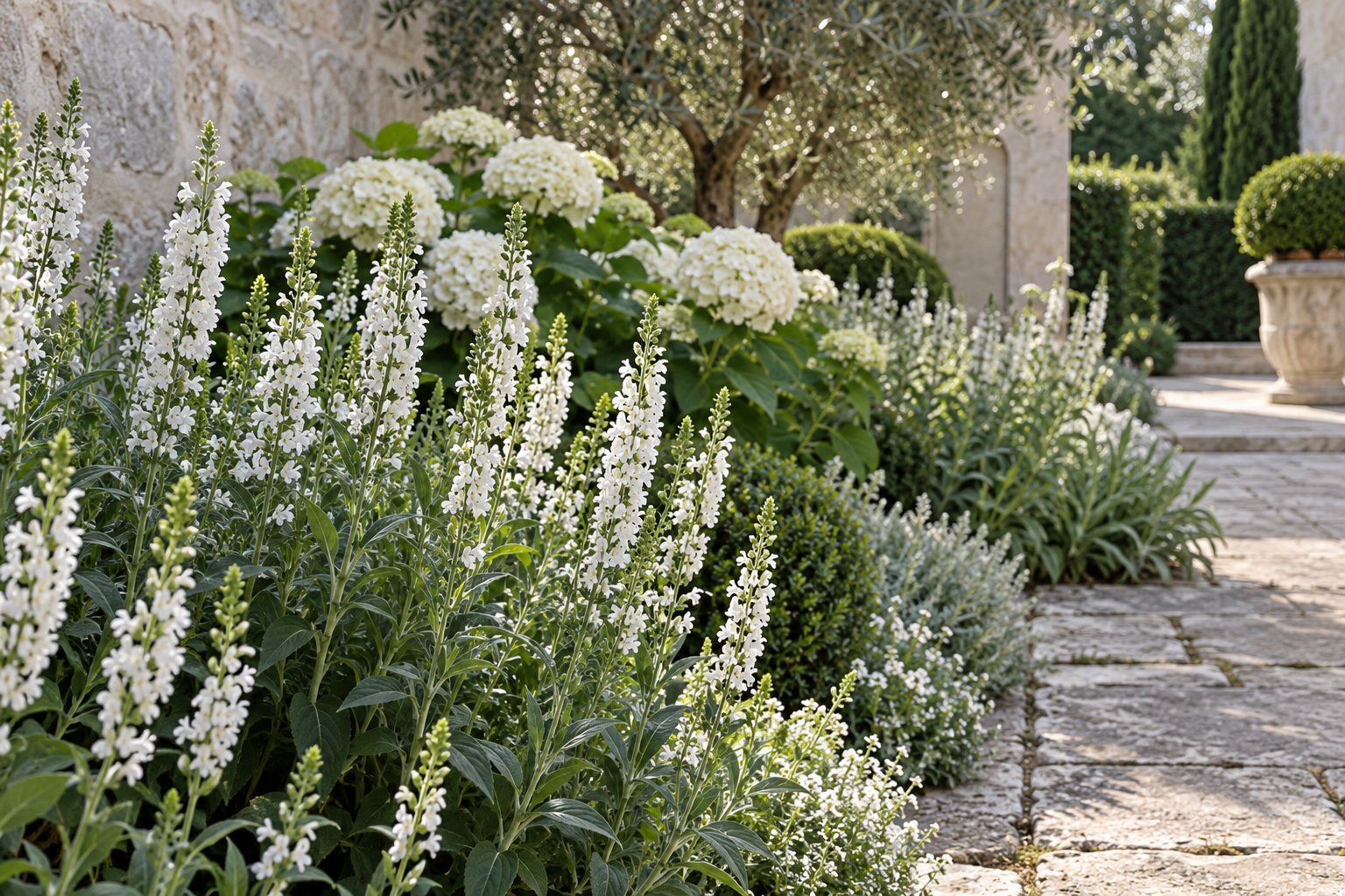 White salvia spires beside rounded white hydrangea flowers