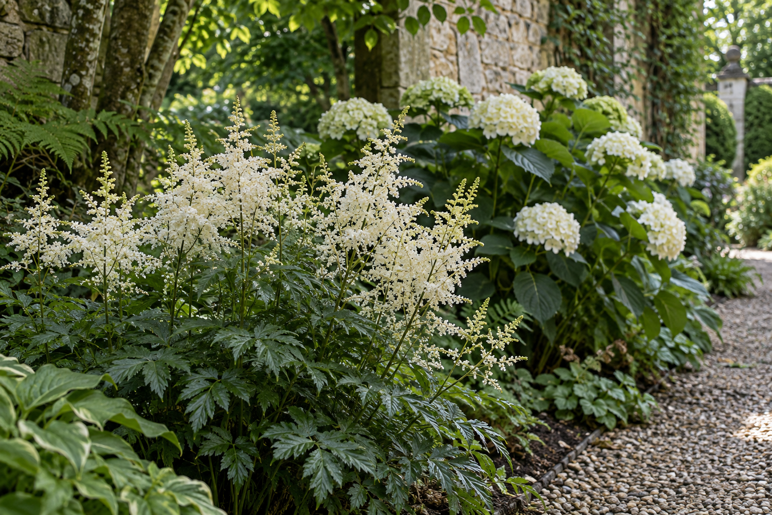 Feathery white astilbe flowers with white hydrangeas