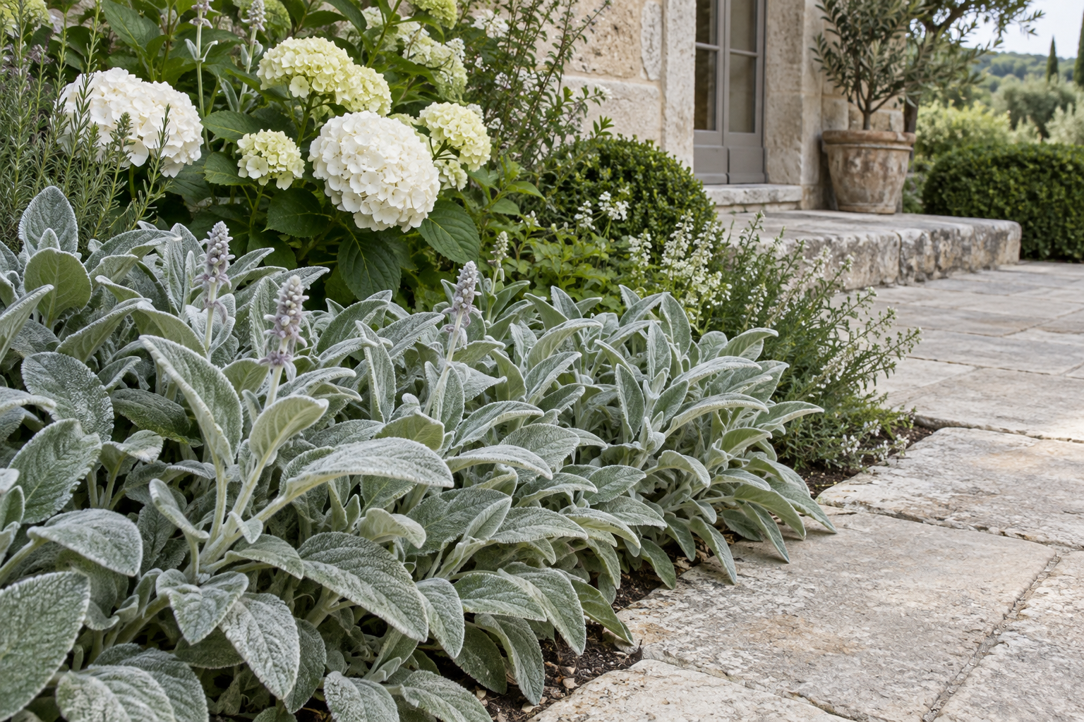 Silver lambs ear foliage edging a white hydrangea planting