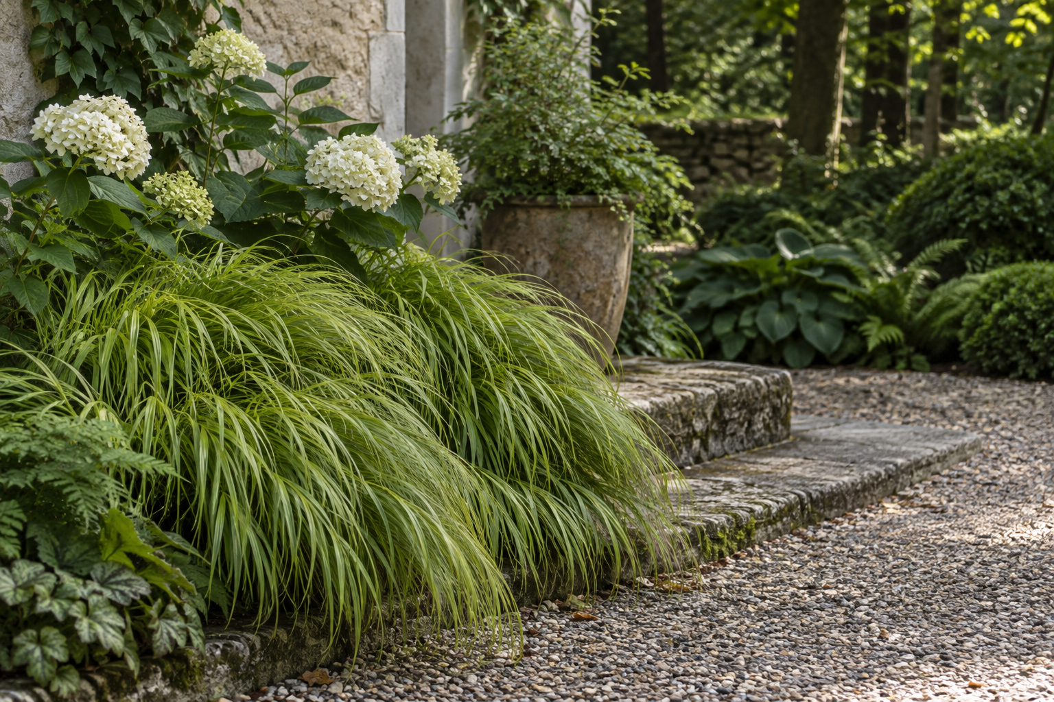 Japanese forest grass bringing golden movement beneath white hydrangeas