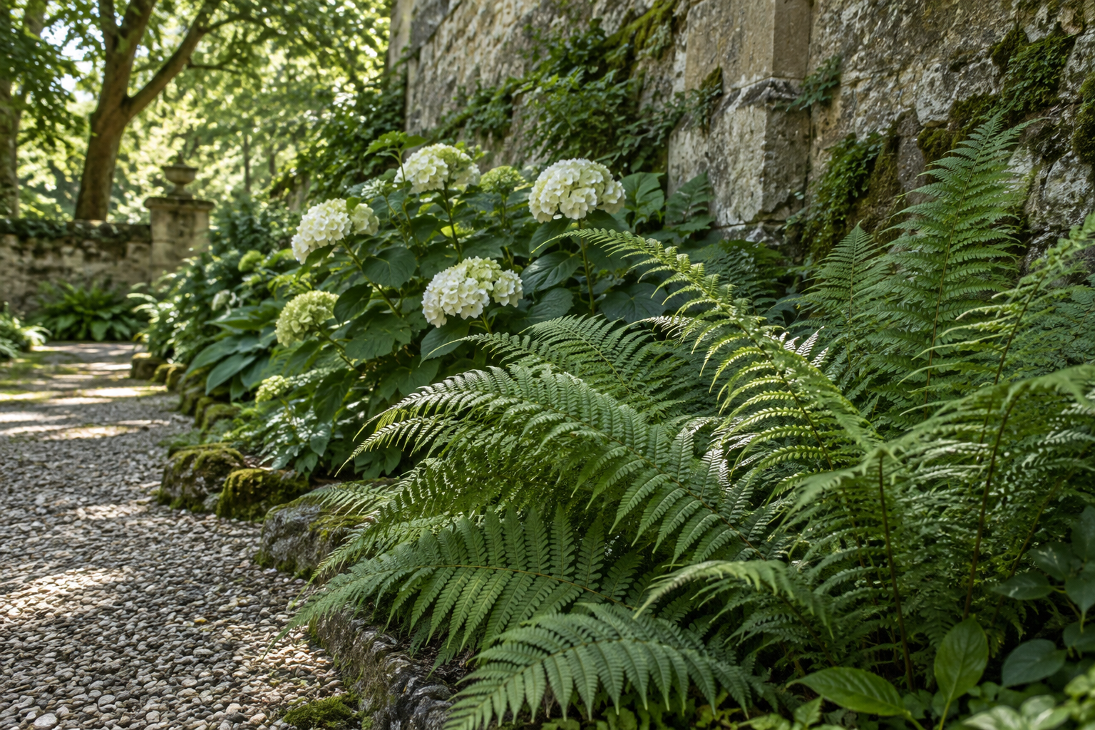 Textural green ferns beneath white hydrangeas in shade