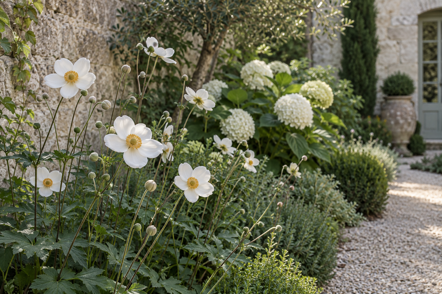 White Japanese anemones extending the season beside hydrangeas