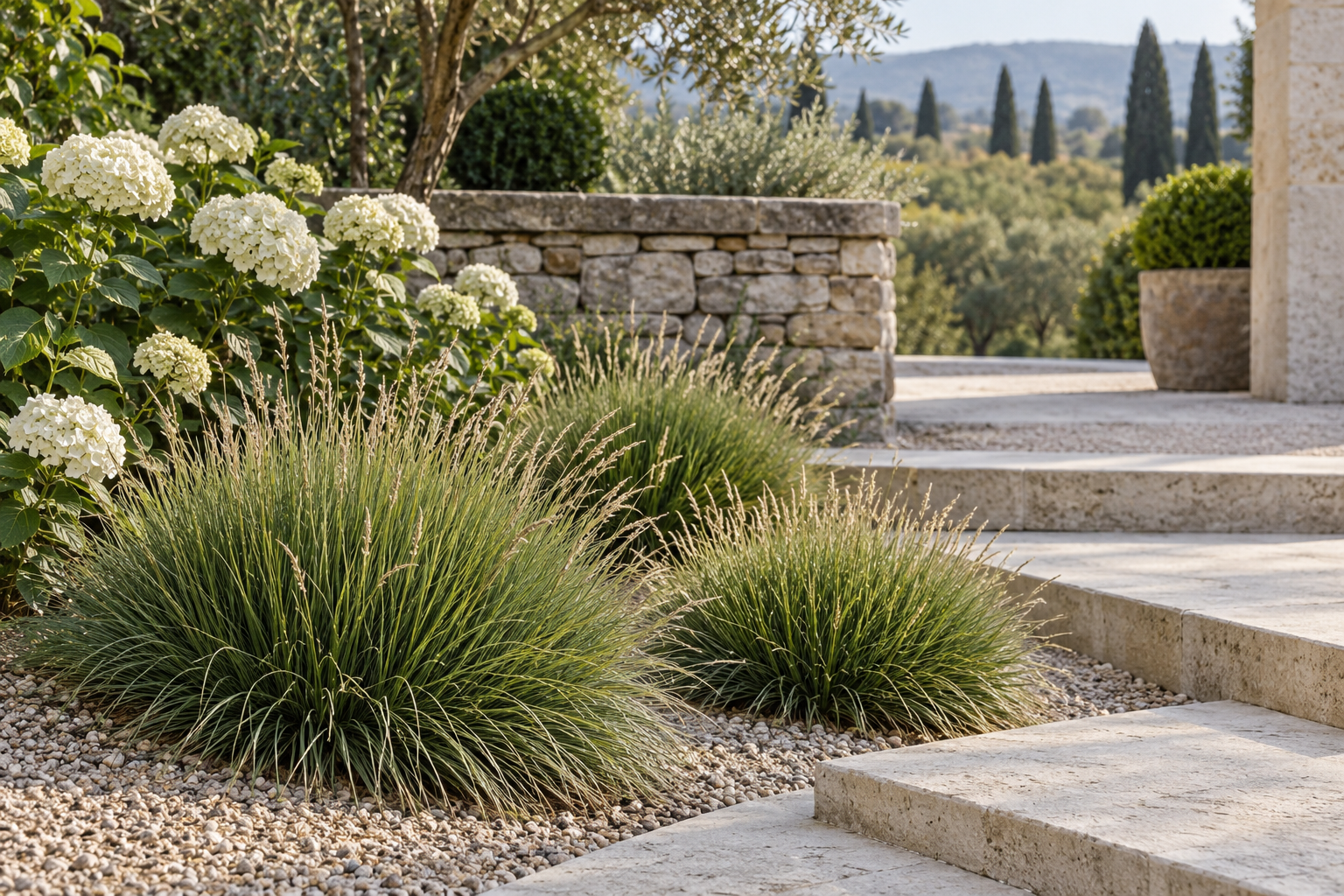 Fine ornamental grasses paired with white hydrangeas