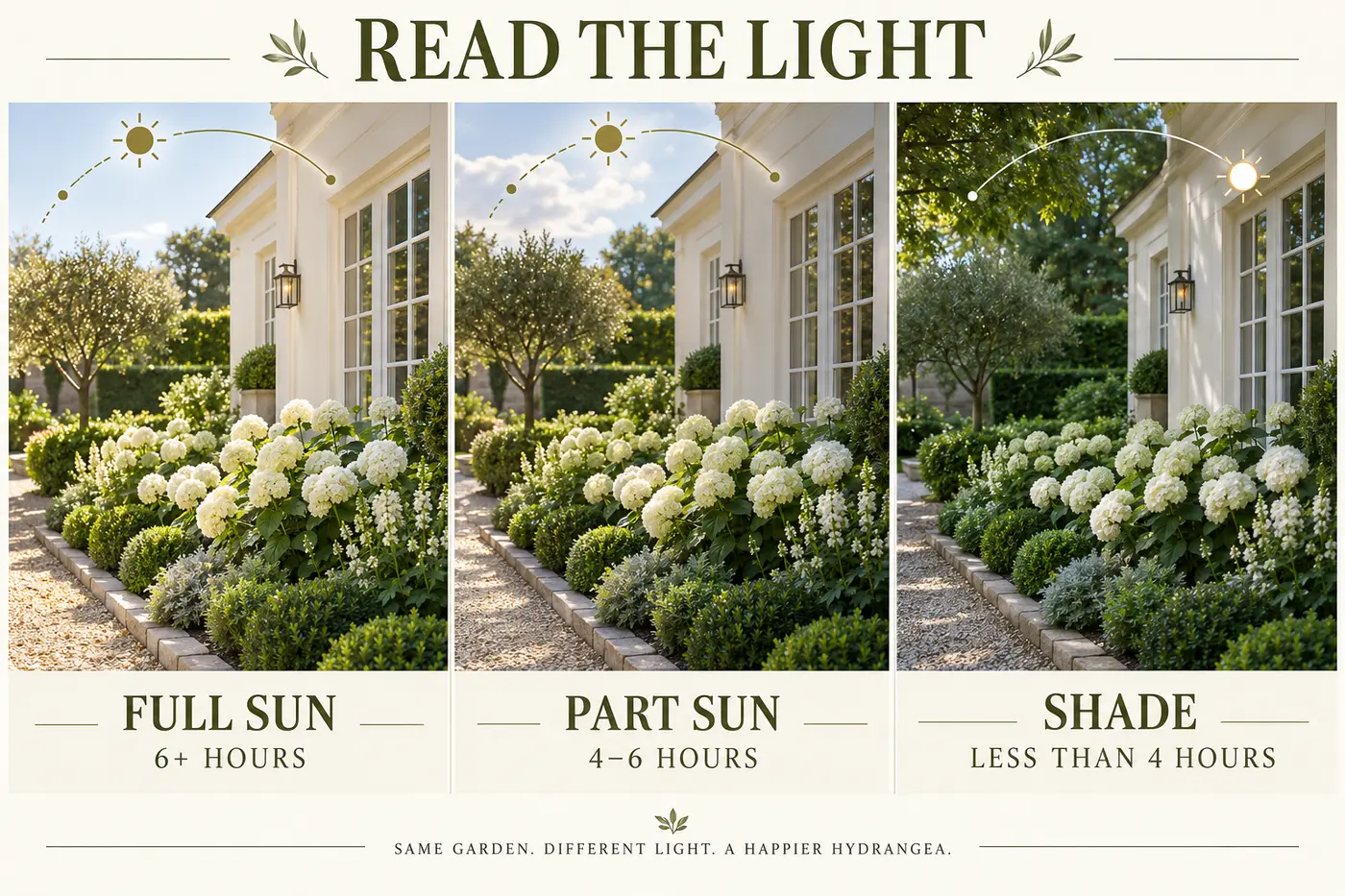 The same white hydrangea border shown in full sun, part sun and shade with the hours of direct light explained