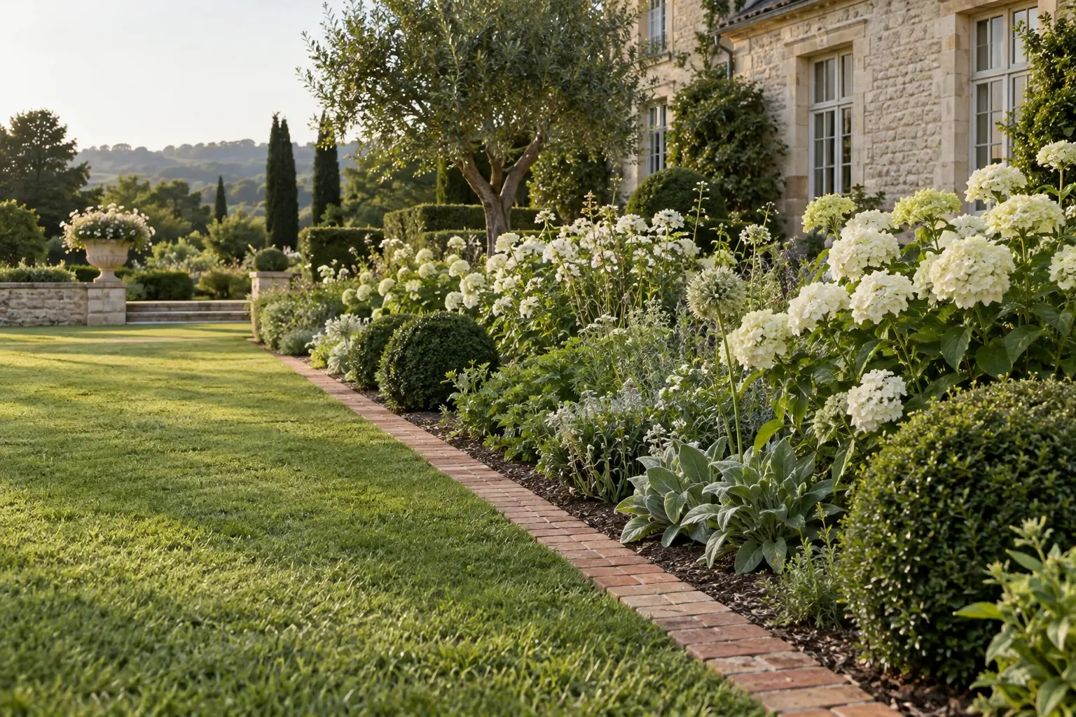 Muted reclaimed clay bricks laid flat as a mowing strip beside lawn and a white hydrangea garden border