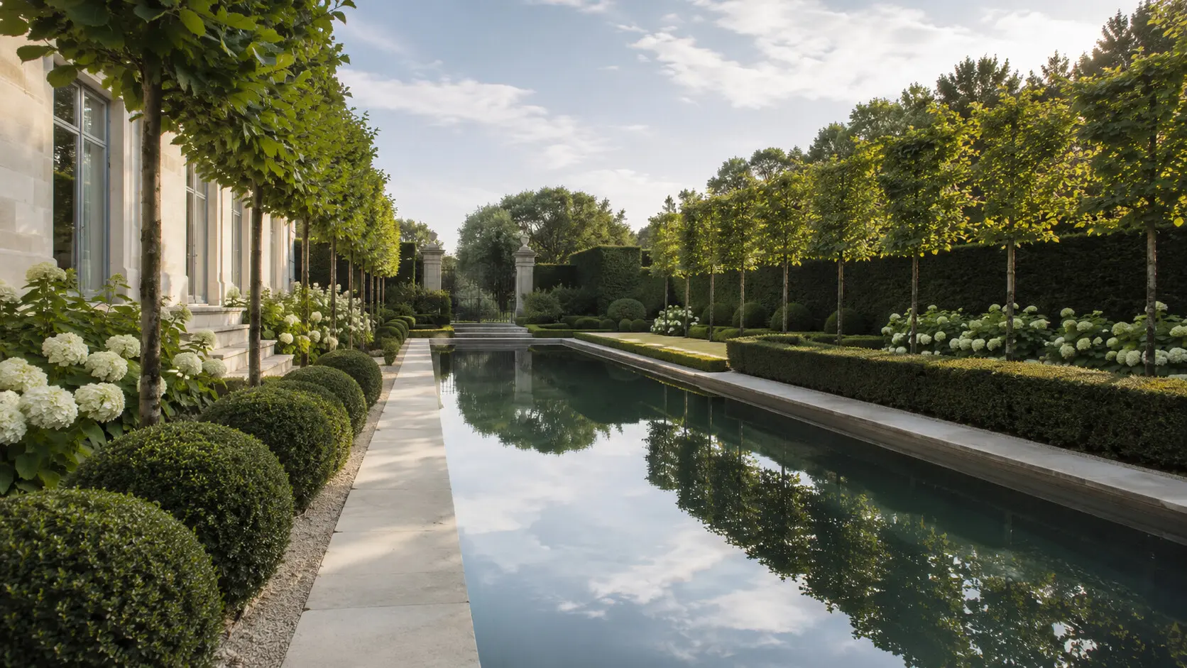 Long rectangular reflecting pool beside a limestone house