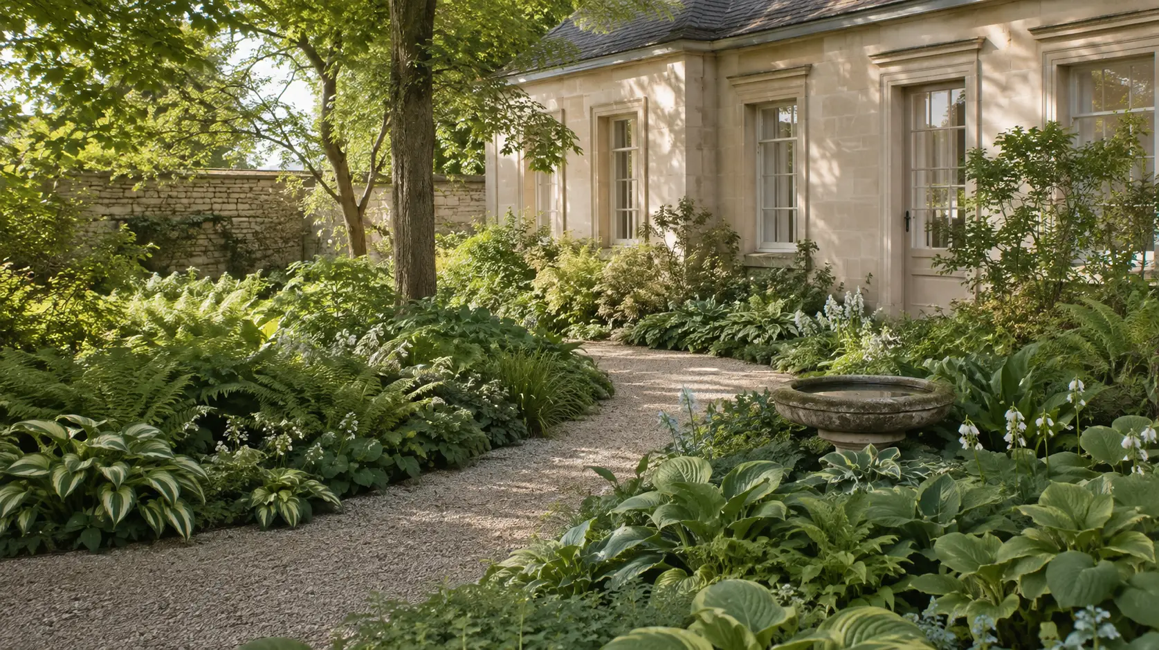 Layered European shade garden with hostas, ferns, gravel paths and a limestone house