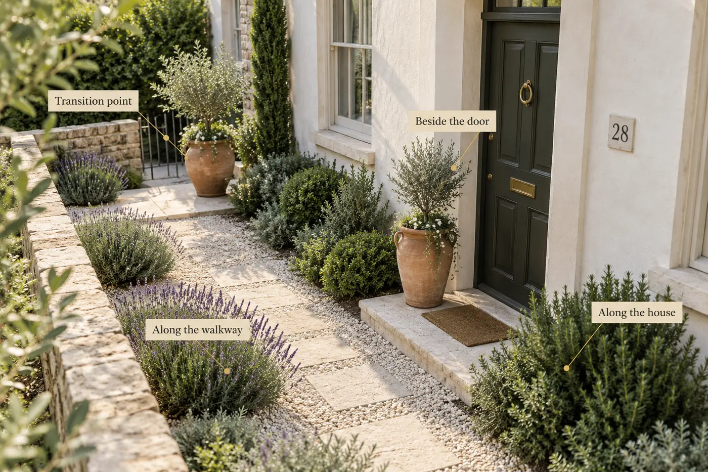 Compact Mediterranean front entrance layout identifying planting beside the door, along the house, along the walkway and at the transition point