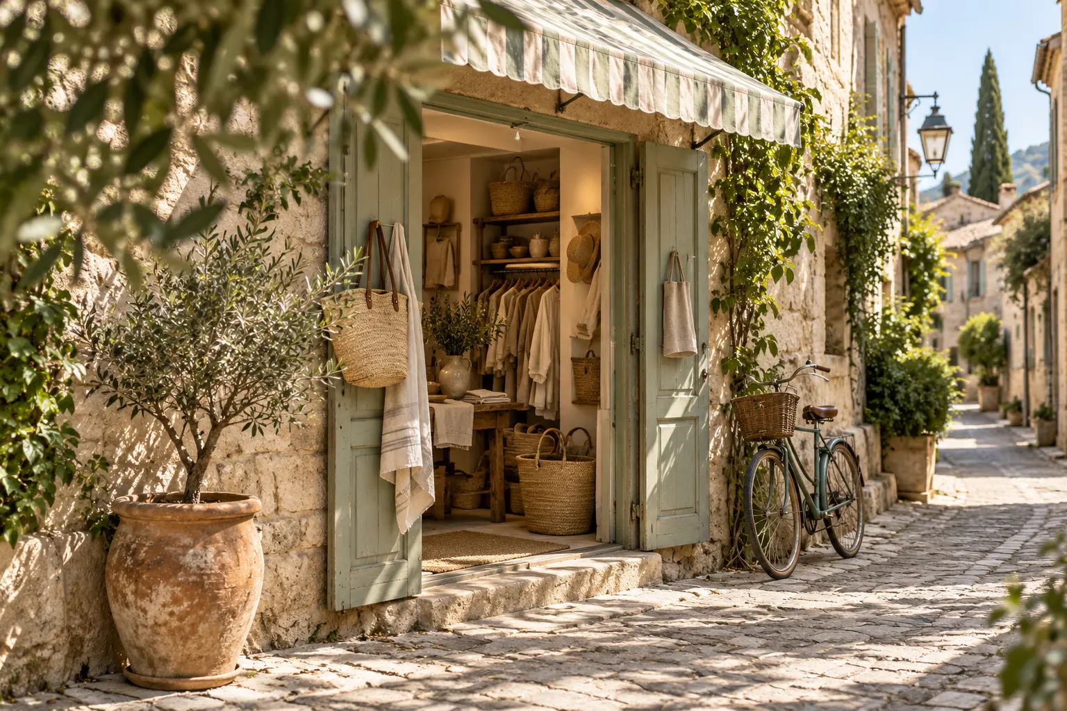 Artisan shop with sage doors, linen, woven baskets and a bicycle on a Provençal village lane.