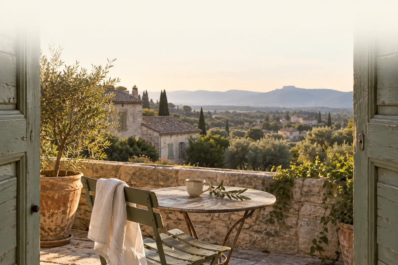 A quiet Provençal terrace seen through weathered sage shutters, with a ceramic cup, white linen, an olive branch and sunlit limestone rooftops beyond.
