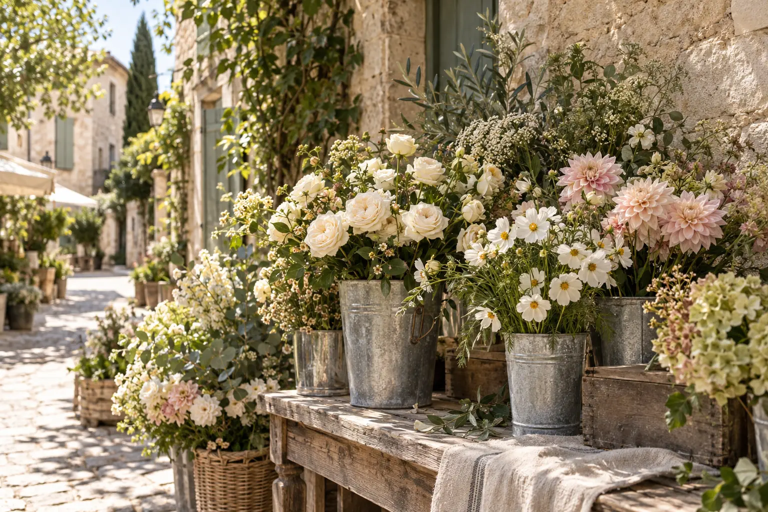 Loose white, cream and pale blush flowers arranged in weathered zinc buckets at a Provençal market.