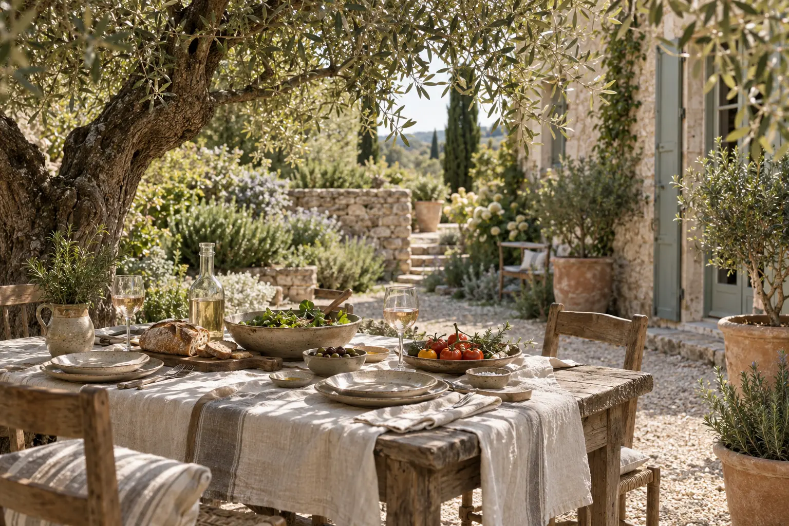 Relaxed Provençal lunch table beneath an old olive tree in a restrained gravel garden.