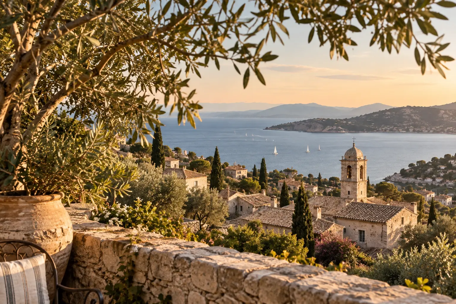Golden-hour view over a limestone coastal village and the blue Mediterranean framed by olive branches.