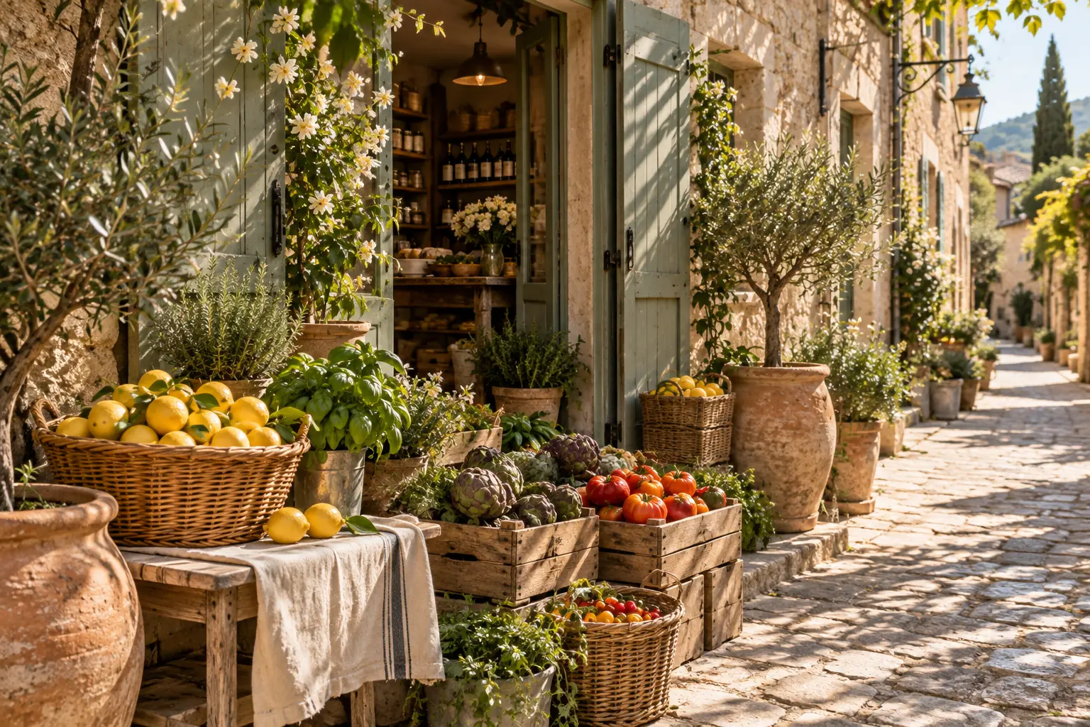 Provençal village shop displaying lemons, artichokes, tomatoes and herbs in rustic baskets and crates.