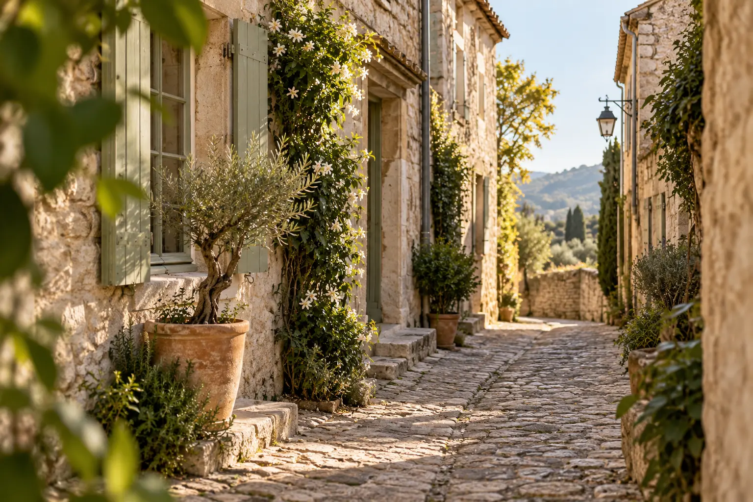 Quiet Provençal limestone lane with faded sage shutters, jasmine and potted olive trees.