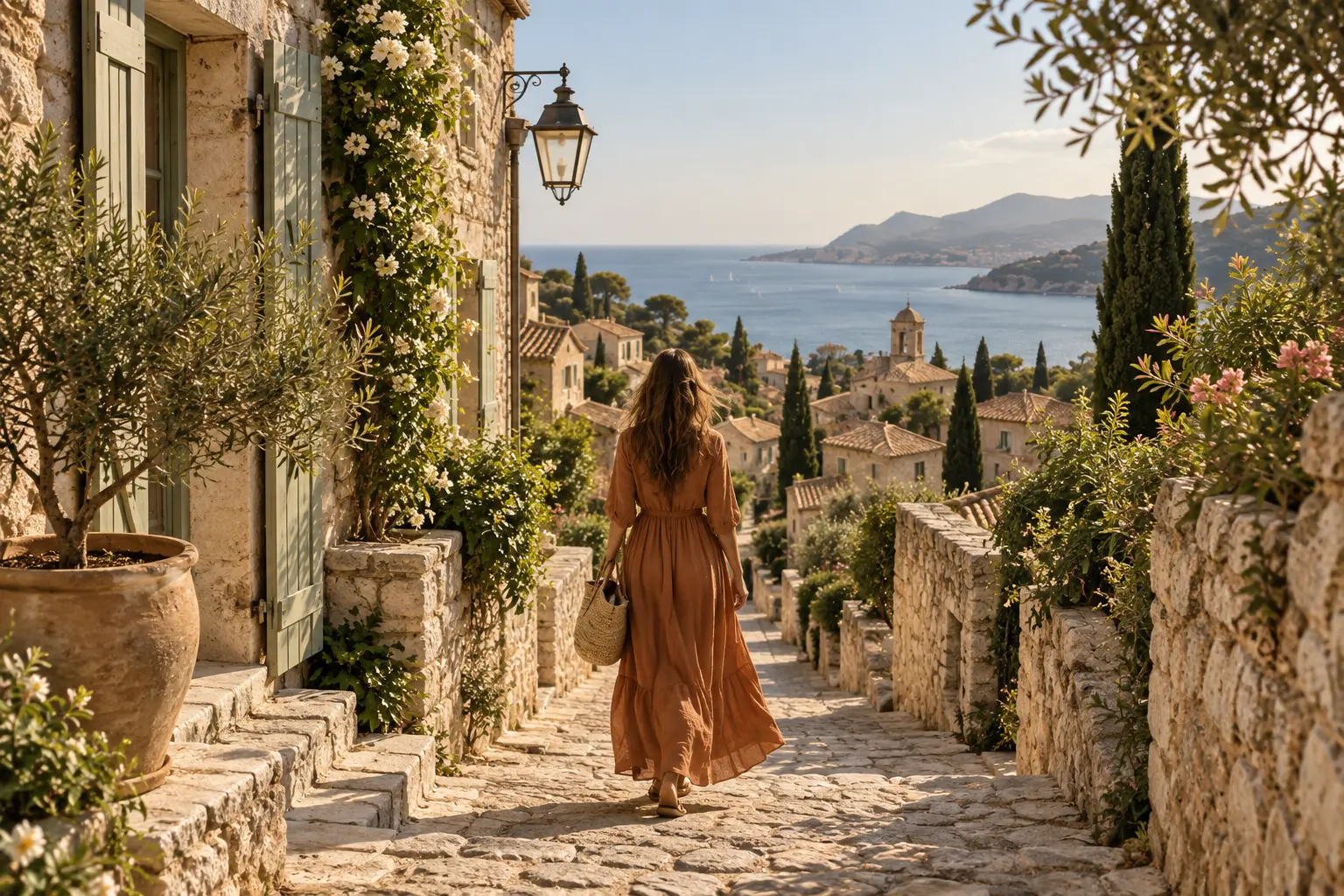 Woman in a terracotta linen dress walking through a limestone village toward the Mediterranean coast.