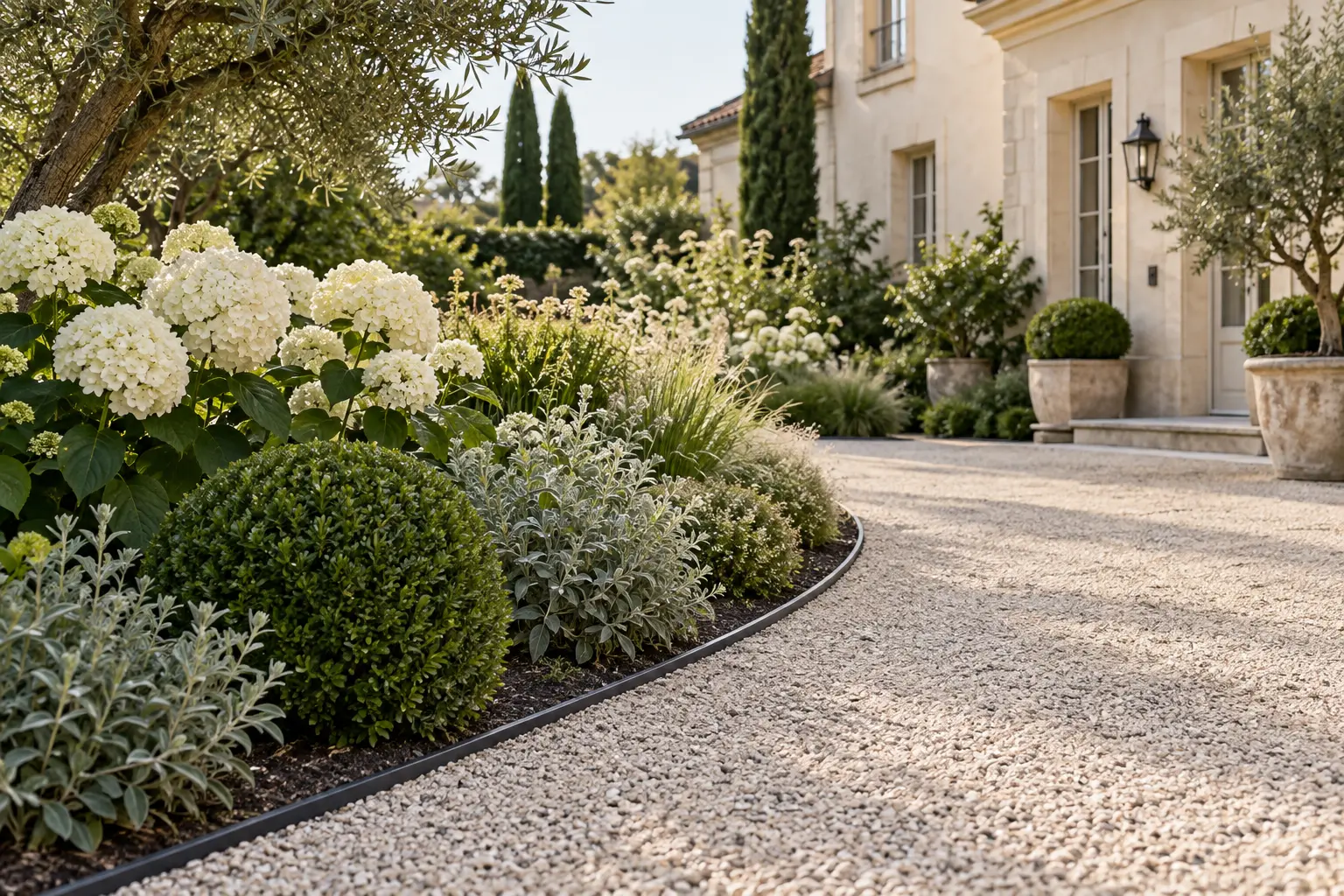 Slim dark steel edging separating a pale gravel path from white hydrangeas, clipped evergreens and silver foliage