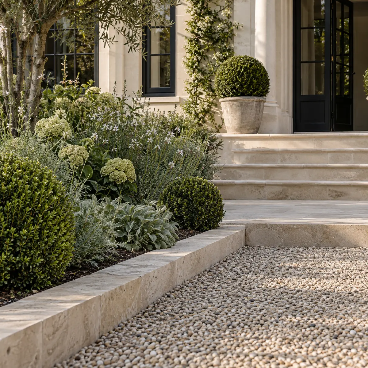 Limestone garden edging leading toward matching stone steps of a European-inspired home