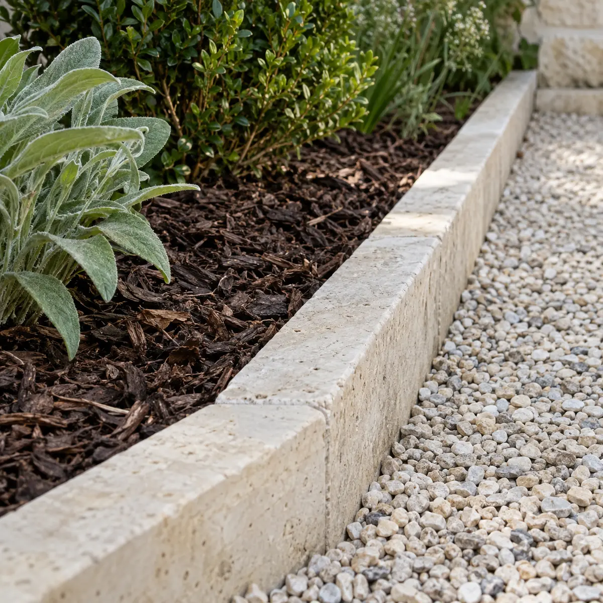 Pale limestone garden edge containing dark mulch beside a clean gravel path