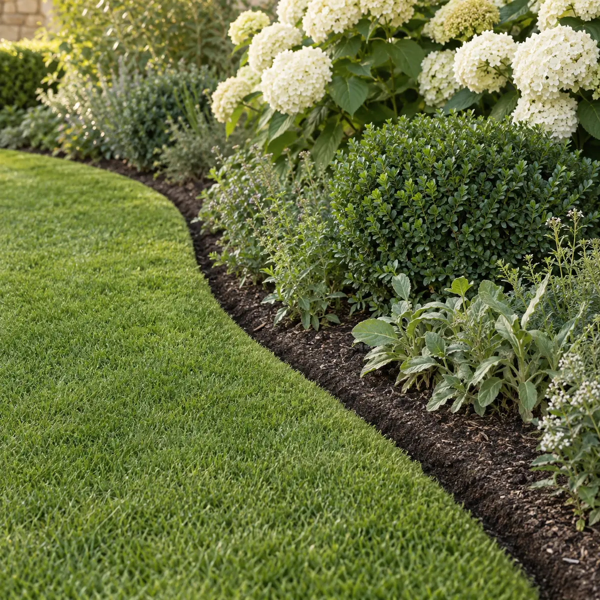 Crisp hand-cut edge defining the curved line between lawn and a white hydrangea border
