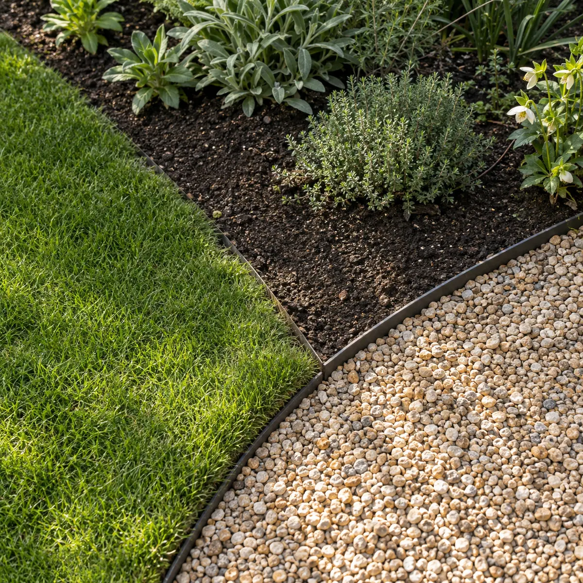 Slim metal garden edging clearly separating lawn, planting soil and pale gravel