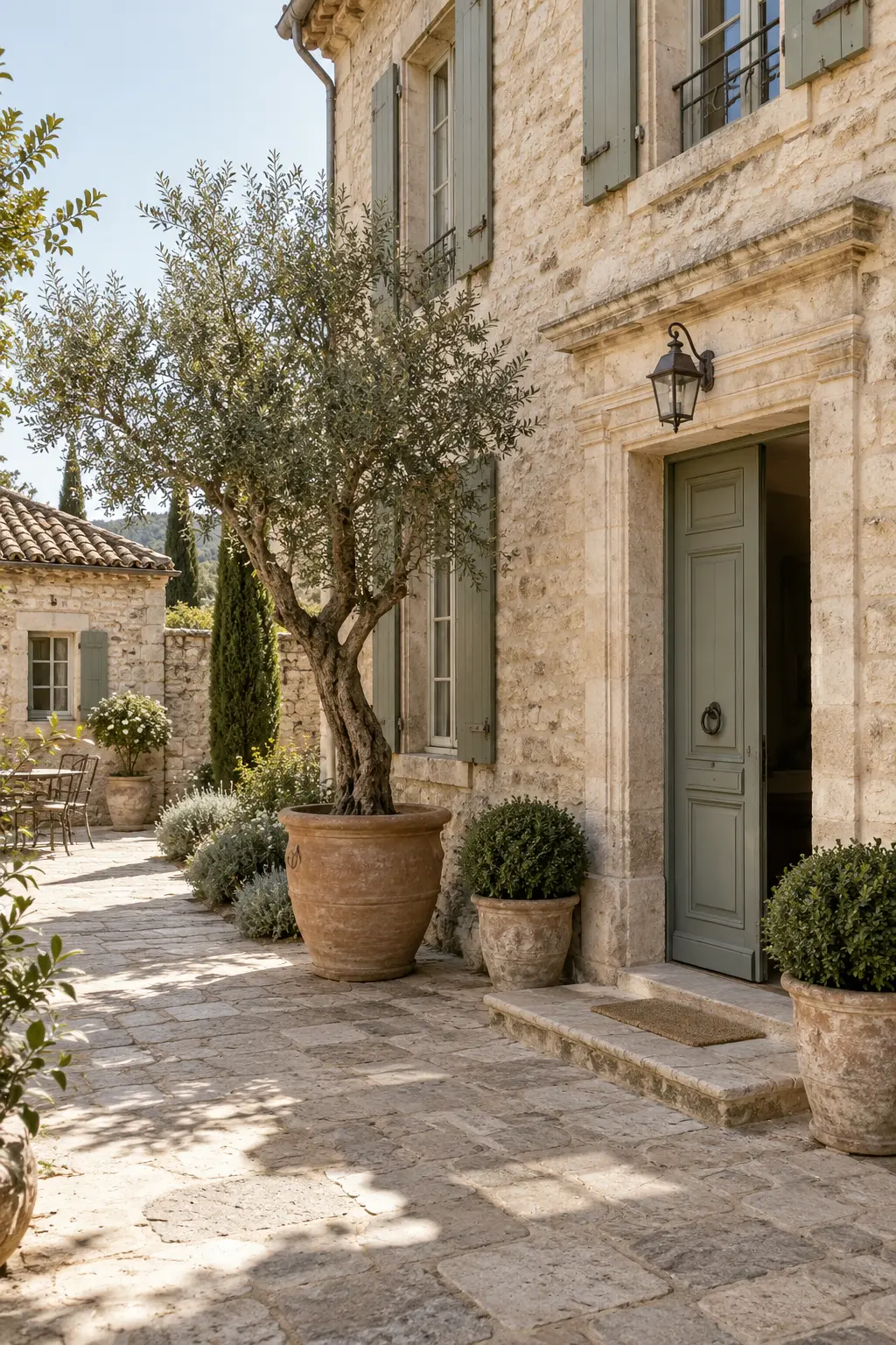 Historic French limestone courtyard with olive tree
