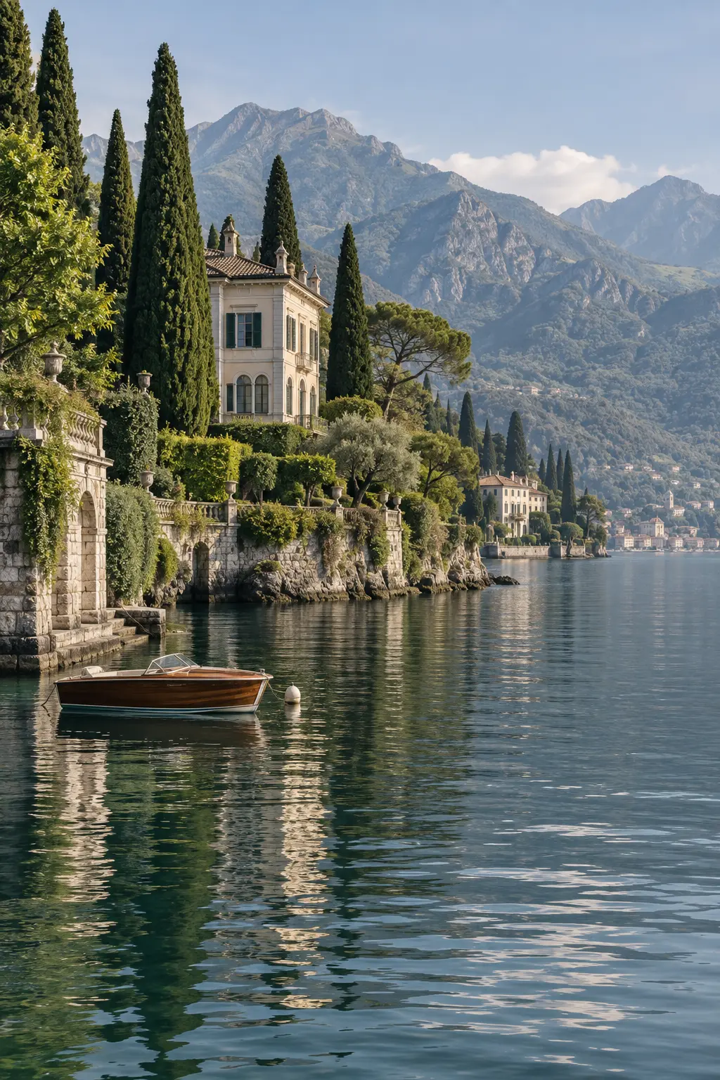 Lake Como villas, cypress trees and wooden boat