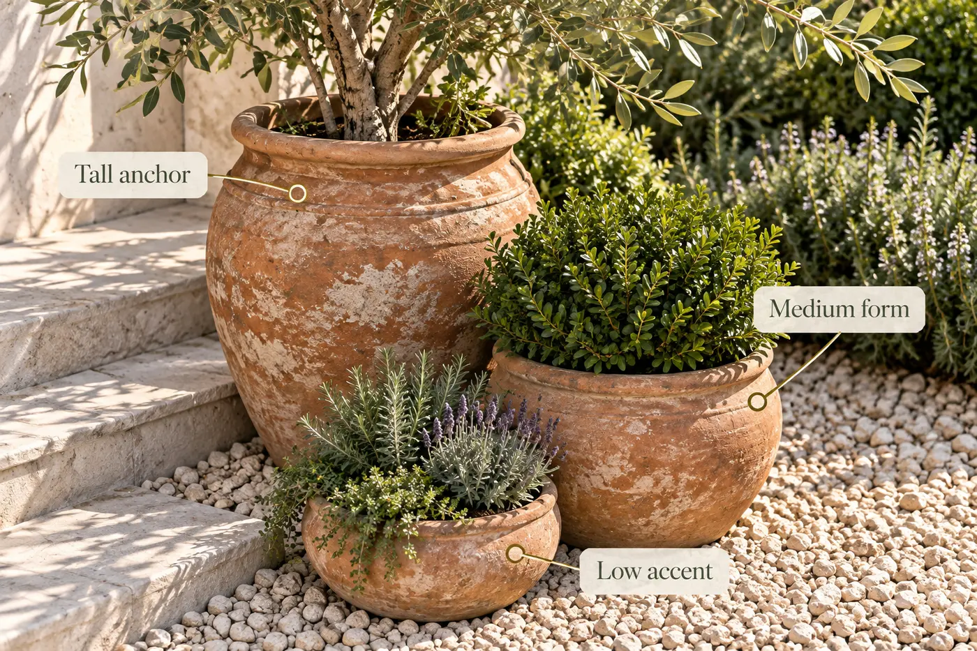 Layered grouping of richly coloured weathered terracotta pots in three heights