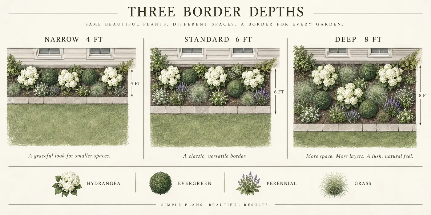 Top-down planting plans for narrow four-foot, standard six-foot and deep eight-foot white hydrangea borders